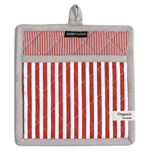 Striped Pot Holders and Oven Mitts Heat Resistant Non Slip Reusable Set of 1 Oven Mitt and 1 Pot Holder Oven Gloves Pot Holder for Cooking (7x13 inches & 8x8 inches / Stripe Rust)