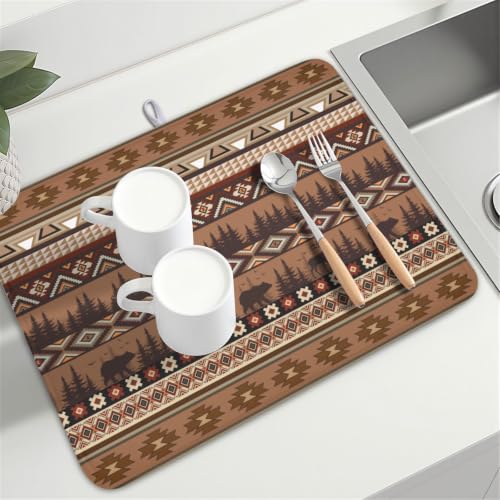 Rustic Bear Deer Dish Drying Mat Boho Ethnic Drainer Rack Pad 18x24 Inch Microfiber Absorbent Dish Sink Mat for Counter Kitchen Tableware (Rustic Bear Deer / 18x24 inch)