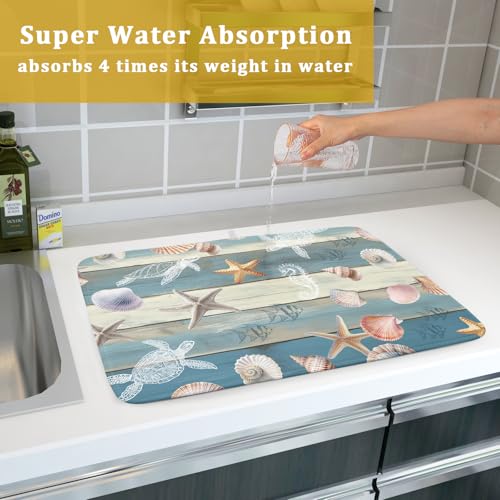Coastal Starfish Dish Drying Mat Summer Sea Turtle Drainer Rack Mat Absorbent Microfiber Kitchen Countertop Protector Dishes Pad 18x24 inch (Starfish Turtle Wood / 24" x 24")