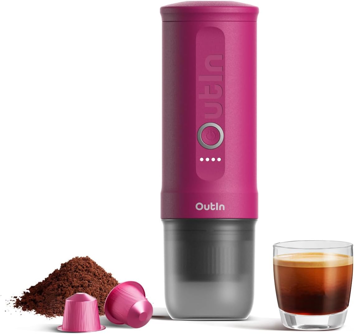 OutIn Nano Portable Electric Espresso Machine, Travel Coffee Maker for Camping, Car Coffee Maker Self-Heating with USB-C, With Ground Coffee & NS Capsule for RV, Hiking, Office