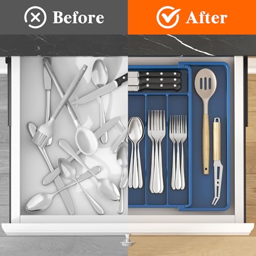 Expandable Silverware Drawer Organizer (Dark Blue / Large (11-18''W x 14''D))