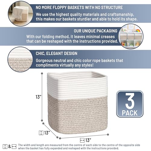 13 Inch Cube Storage Bins Cotton Rope Woven Baskets for Organizing 3 (Off White & Mixed Brown / 13 x 13 x 13 (Standard))