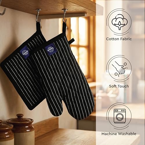 Oven Mitts and Pot Holders Set (Oven Glove + Pot Holder / Butcher Stripes Black)