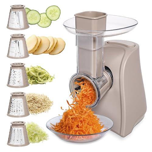 5-in-1 Electric Slicer, 150W Food Prep Machine – Parmesan Shredder, Fine & Coarse Graters, Potato Grater, Vegetable Slicer, Compact Design for Bowl Prep, Warm Grey (Warm Grey)