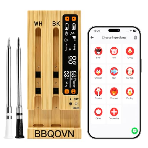 WiFi Sub 1G Wireless Meat Thermometer Unlimited Range 7 NIST Certified Sensors with Ambient Temp 2 Temp Monitoring Ways Digital Smart Base and App for BBQ (2-Probe-Bamboo)