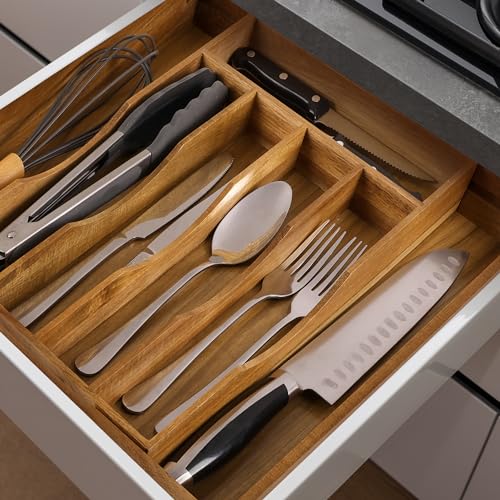 Expandable Acacia Kitchen Drawer Organizer for Cutlery and Utensils