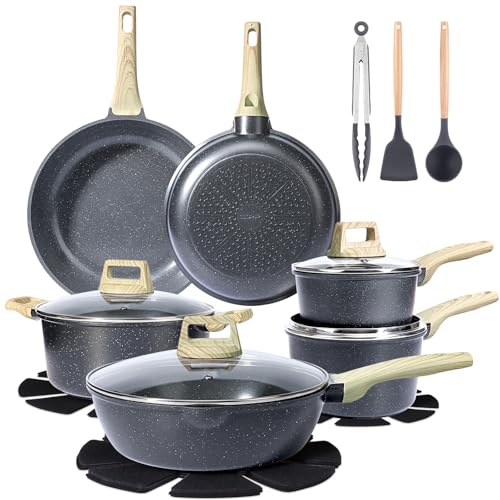 Ceramic Pots and Pans Set Non Stick (Dark Gray / 18 Pieces)