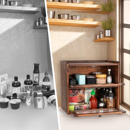 Bread Box for Kitchen Countertop Wooden Bread Storage Container Bin 2 Layer Breadbox Holder Large Capacity Keeper Vintage Farmhouse Food Organizer Pantry Shelf Acrylic Window（Black） (Black)