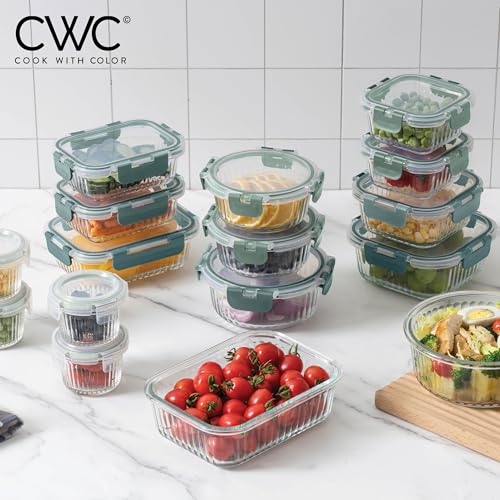 Premium 32 Pc. Borosilicate Glass Food Container Set with Dividers (Fluted Ombre Green)