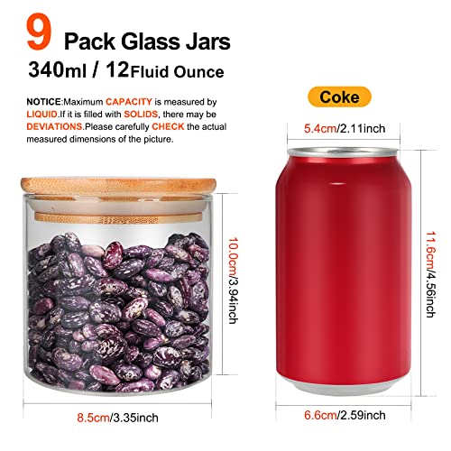 9 Pack 12 oz Glass Jars with Airtight Bamboo Lids for Kitchen