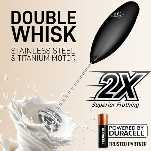 Powerful Milk Frother Wand With Duracell Batteries (Ultimate Black / Double Whisk + Batteries)