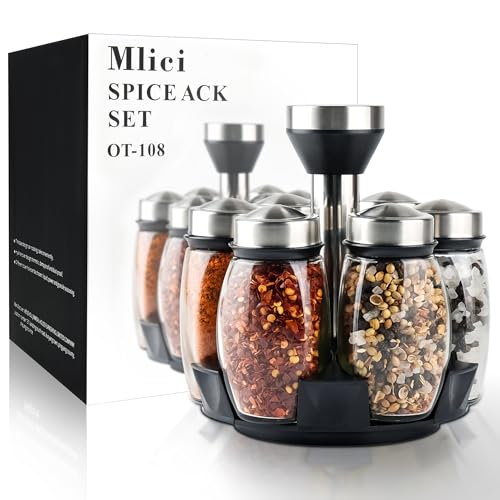6 Pack Spinning Glass Spice Jars with Organizer Rack for Countertop