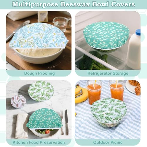 5Pcs Reusable Beeswax Elastic Bowl Covers for Bread Proofing and Food Cover (Green Leaves)
