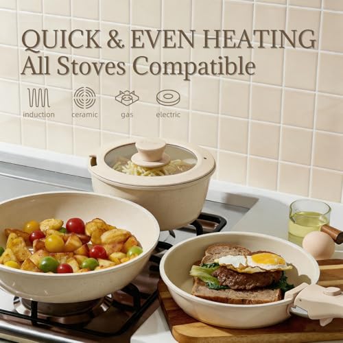Ceramic Cookware Set Non Stick 8Pcs Pots and Pans Set Detachable Handle Induction Kitchen Cooking Set with Frying Pans Oven Dishwasher Safe (Cream White)