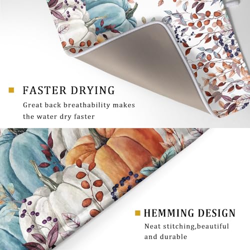 Fall Orange Pumpkin Dish Drying Mat Eucalyptus Leaves Drainer Rack Pad 18"x24" Microfiber Quick Dry Dish Sink Mat for Kitchen Counter Decor (Orange Pumpkin / 18x24 inch)