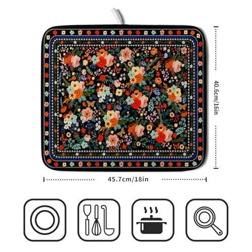 Black Flowers Dish Drying Pad Boho Floral Washable Microfiber Kitchen Mat for Home Decor (Boho Floral Black / 18" x 16")