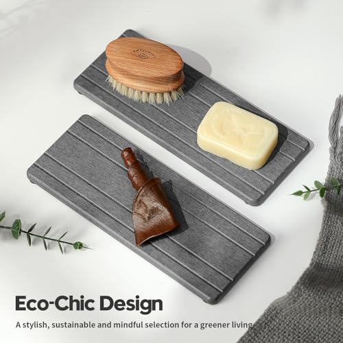 2PCS Diatomite Quick Stone Drying Tray Mat For Bathroom & Kitchen Counter (2 Pack - Charcoal Gray Grooved / 9" x 3.5")