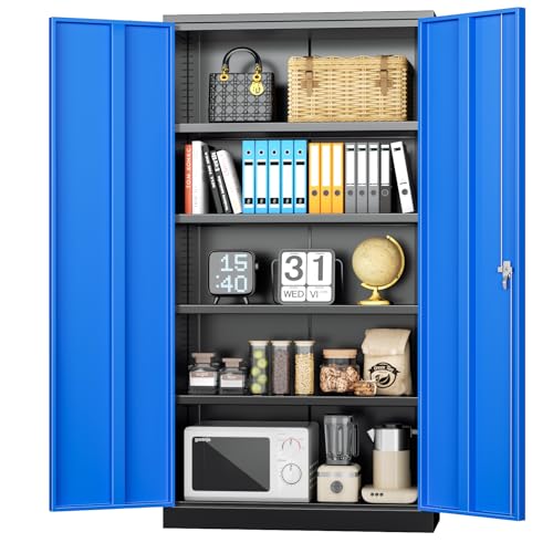 Metal Storage Cabinets 72” Black Blue Garage Steel Storage Cabinet with Doors and Shelves (Black Blue / 72")