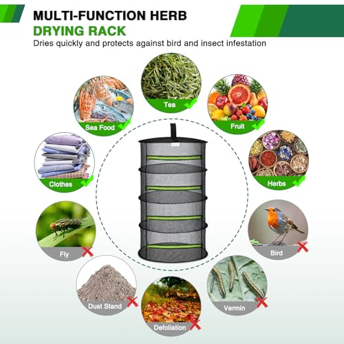 4 Layer Herb Drying Rack Hanging Mesh Net Foldable Plant Drying Racks 24" Diameter with Green Zipper & Hook Dryer Hanging Rack for Herbs Seed Bud Fruit Clothes Grow Tent Closets Garden Outdoor