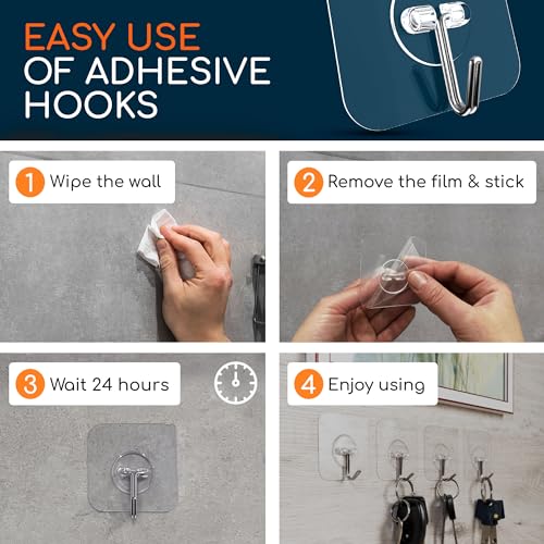 Adhesive Wall Hooks for Hanging Heavy Duty No Drill (Medium, 12 pcs)