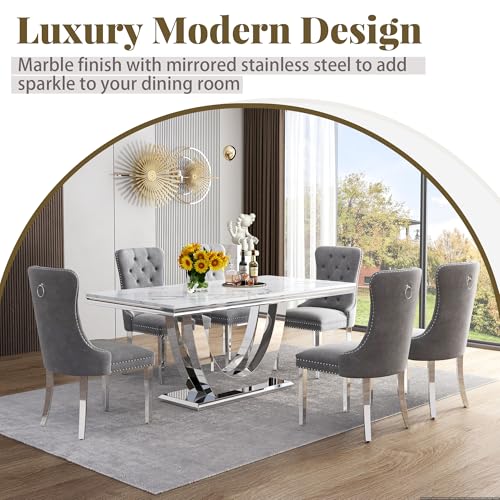 Marble Dining Table Set for 4 (Silver-white & Grey Chairs / 5-piece (Table + 4 Chairs))