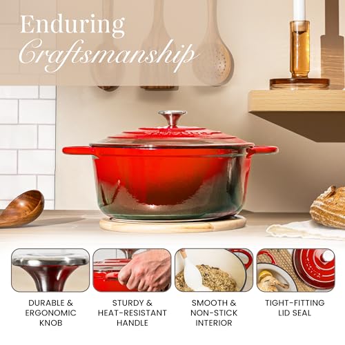 Enamelled Cast Iron Dutch Oven Pot with Lid (Red / 6.4-Quart - Deep)