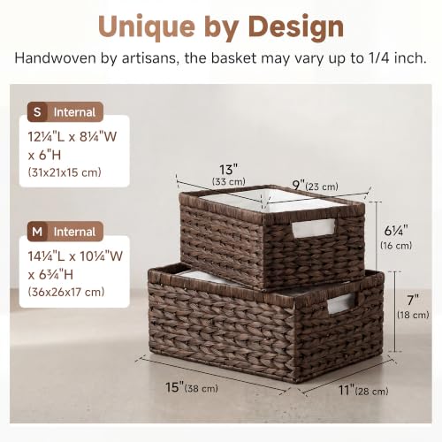 Large Wicker Baskets for Storage (Brown (Water Hyacinth) / 15"L x 11"W x 7"H + 13"L x 9"W x 6¼"H)