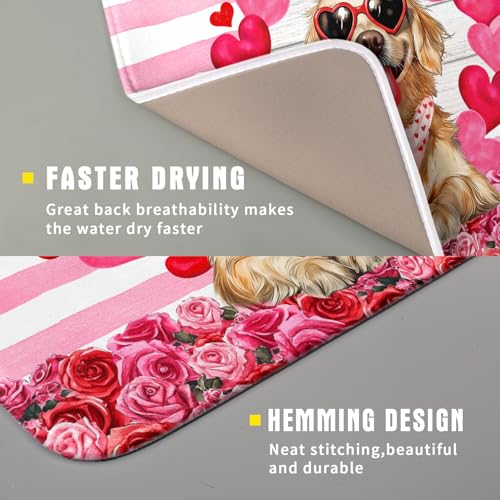Valentine's Day Dog Dish Drying Mat for Kitchen Counter 16x18 inch Heart Rose Absorbent Dish Drainer Rack Mats for Coffee Bar Countertop (Heart Rose Dog / 16" x 18")