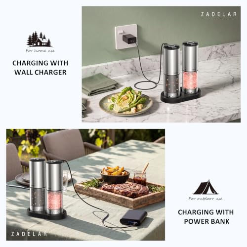 Rechargeable Electric Salt and Pepper Grinder Set with Charging Base (Silver / Set)