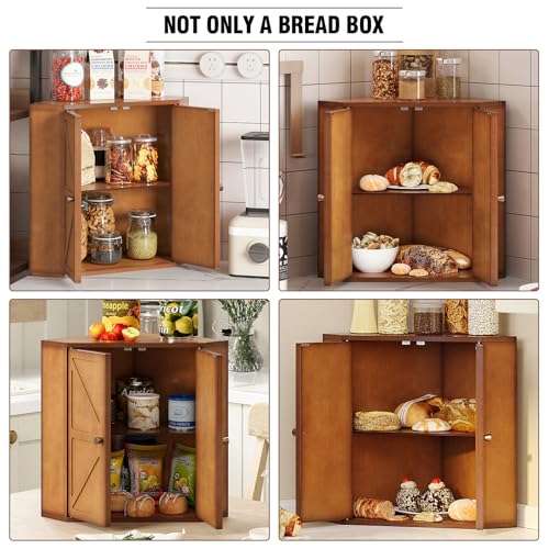 Corner Bread Box for Kitchen Counter Double Layer Bamboo Bread Storage Container Large Capacity Bread Storage Bin Farmhouse Breadbox Organizer (Antique Brown)