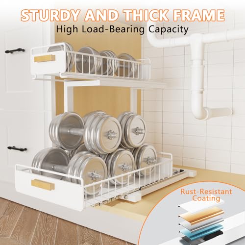 2 Pack Under Sink Organizer with Ball Bearing Sliding Drawer (2 Pack Double Layer / White)
