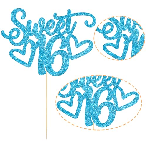 1Pc Sweet Teenager 16 Cake Topper Glitter 16th Birthday Cake Pick for Cheers to 16 Years Old 16th Birthday Party Cake Decorations Supplies Light Blue