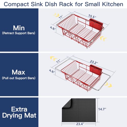 Red Dish Drying Rack in Sink with Mat (Red / For 12"-30"w Sink, with Mat)