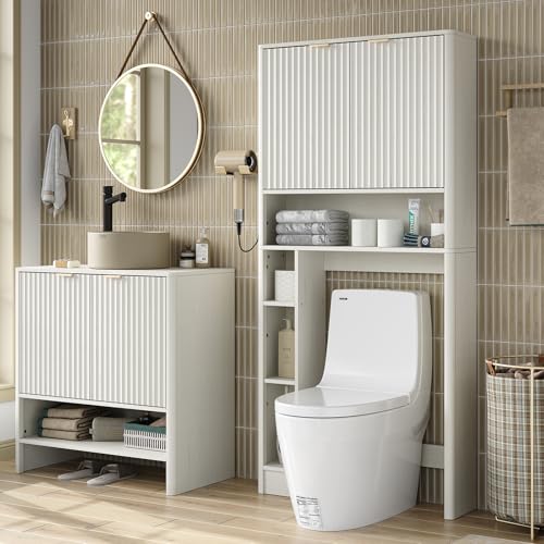 Fluted Over The Toilet Storage Cabinet 31''W Modern Above Toilet Storage Cabinet with Fluted Doors & Adjustable Shelf for Bathroom (White / Fluted Doors Over Toilet Cabinet)