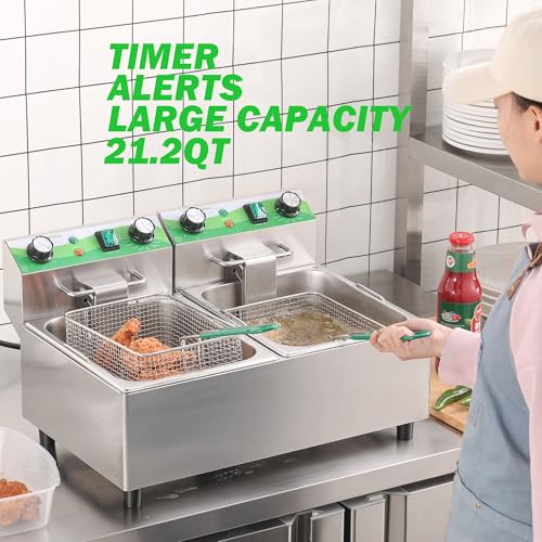 20L 21.2QT Commercial Deep Fryer with Timer Dual Tank Electric Countertop Fryer with Double Baskets and Lids