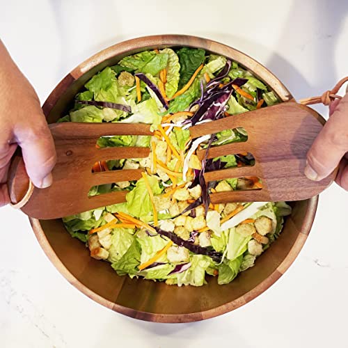 Woodard & Charles Acacia Wood Salad Bowl Set with Serving Hands (12" x 5" Bowl w/ Salad Hands-*Pack of 4*)