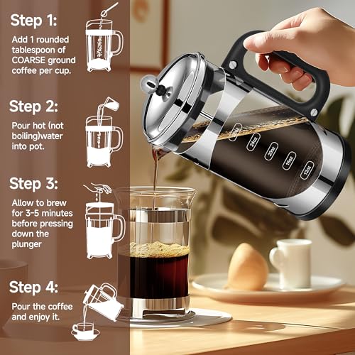 34 Ounce French Press Coffee Maker Chromium Stainless Steel Coffee Press (Silvery-R / 34 oz)