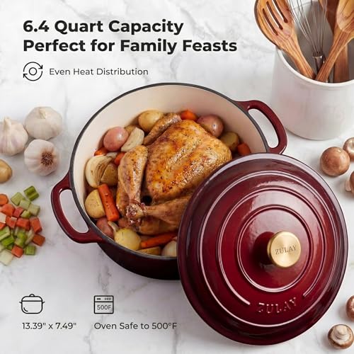 6.4QT Enameled Cast Iron Dutch Oven Pot with Lid (Garnet / 6.4 Quart)