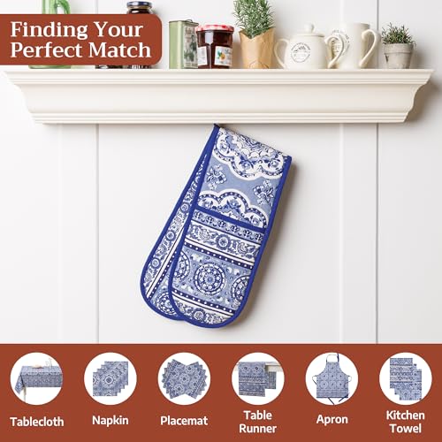 Double Oven Mitts 100% Cotton Double Oven Glove (014 - Melodie Bleue / 7" x 35" (Double Oven Mitt))
