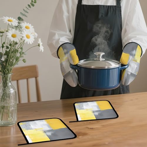 Yellow Gray Modern Art Oven Mitts and Pot Holders (4 Count)