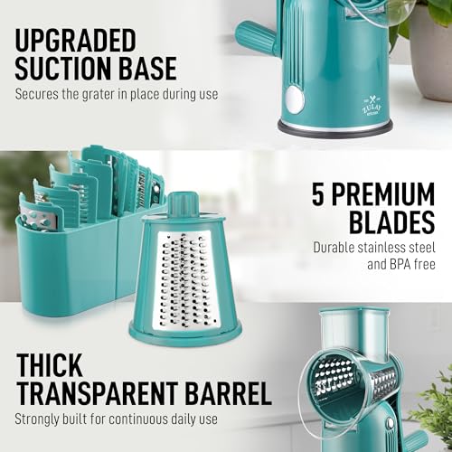 Rotary Cheese Grater Manual Hand Crank 5 Blade Shredder (5 Blades / Classic | Green)