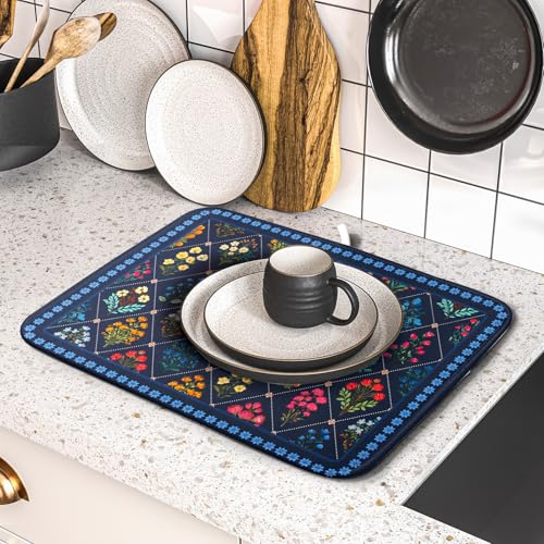 Lapis Blue Dish Drying Mat for Kitchen Counter Flowers Microfiber Absorbent Dish Draining Reusable Washable Small (Wildflowers Dark Blue / 18" x 16")