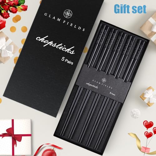 5 Pairs Premium Chopsticks Reusable Dishwasher Safe 9.5 Inch Fiberglass Chop Sticks Gift Set Non Slip Lightweight Cherry Blossom Pattern (Black Cherry Blossom)