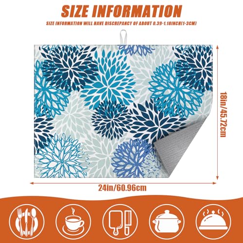 Blue Floral Dish Drying Mat for Kitchen Counter Microfiber Absorbent Dish Kitchen Drying Mat Draining Reusable Washable for Dishes