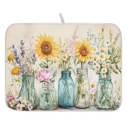 Spring Summer Floral Jars Flowers Dish Drying Mat for Kitchen Counter Absorbent Microfiber Small Drying Pad Dish Mats for Kitchen Countertops 16 x 18 Inch (18" x 16")