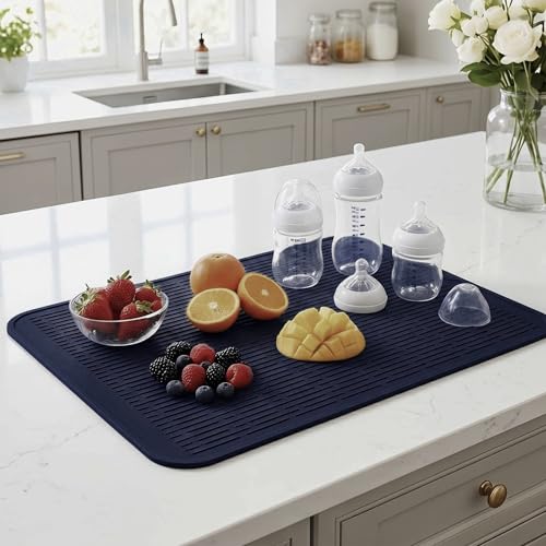 Silicone Dish Drying Mat for Multiple Usage (Navy Blue / 28"L x 18"W)