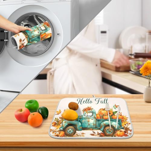 Vintage Fall Truck with Pumpkins Autumn Leaves Dish Drying Mat for Kitchen Counter Absorbent Microfiber Large Drying Pad Dish Mats for Kitchen Countertops 18 x 24 Inch (24" x 18")