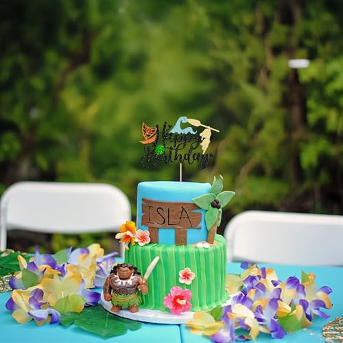 1Pcs Summer Cake Topper Glitter Tree Flower Happy Birthday Cake Pick Decoration for Tropical Hawaiian Luau Theme Baby Shower Kids Birthday Party Cake Decorations Supplies Black (Black 4)