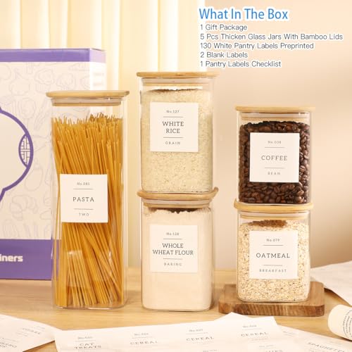 5 Pack Square Glass Pantry Storage Containers with 132 Kitchen Food Pantry Labels