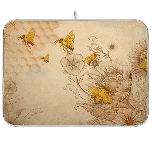 Super Absorbent Dish Drying Mat (Sunflower Bee Retro / 18" x 24")